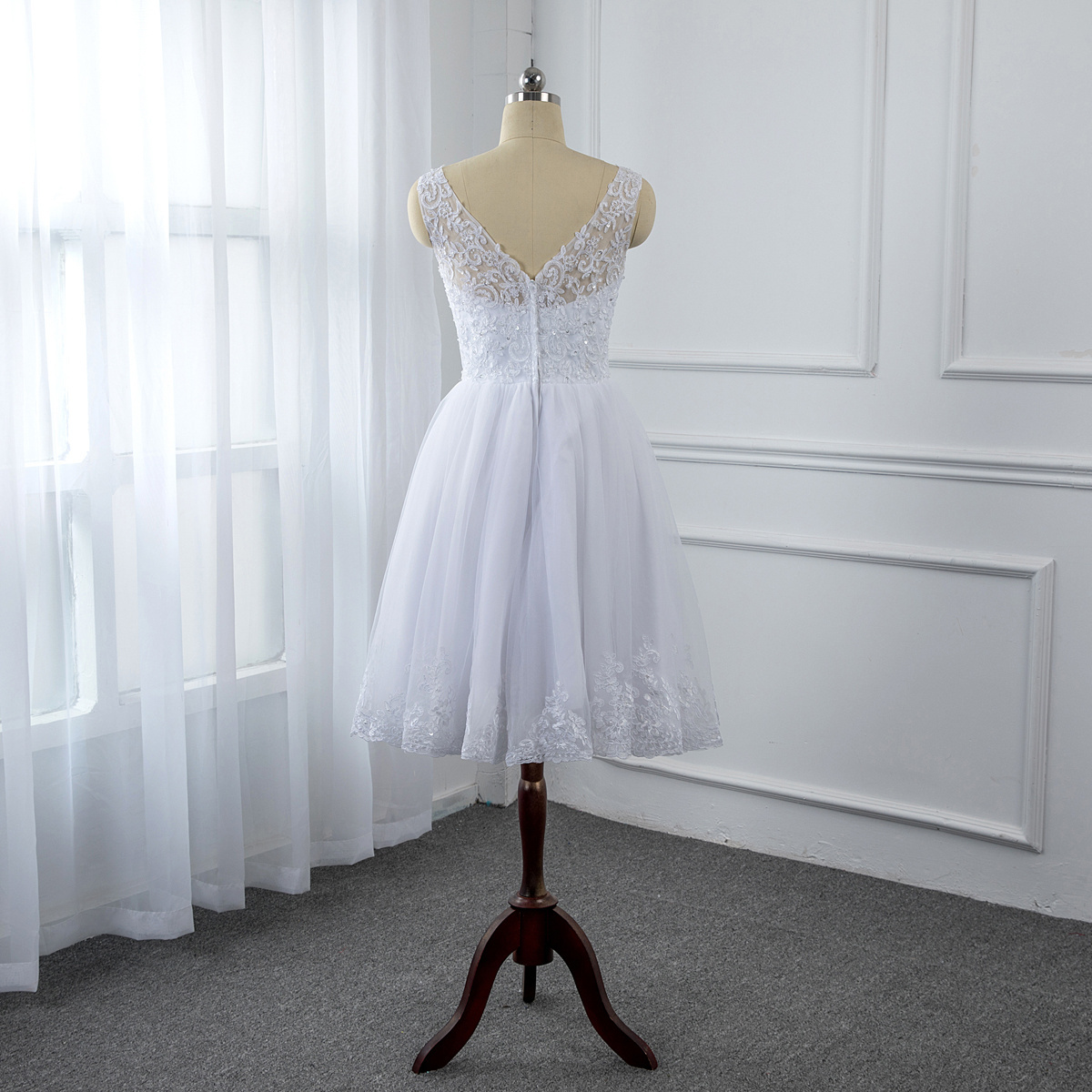 Factory of white small a line V neck short length custom made high quality wedding gowns at cheapest price