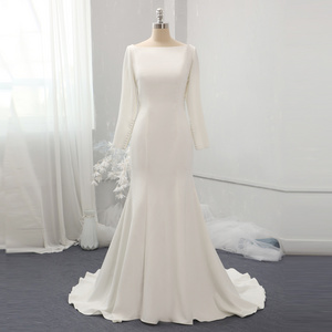 Long sleeves fitted crepe design plain small outdoor bridal gown latest 2021 satin mermaid satin fabric wedding dress