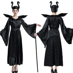 Women Halloween Costumes Sexy Black Sleeping Beauty Witch Queen Maleficent Dresses Hat Adult Party Cosplay Fancy Dress