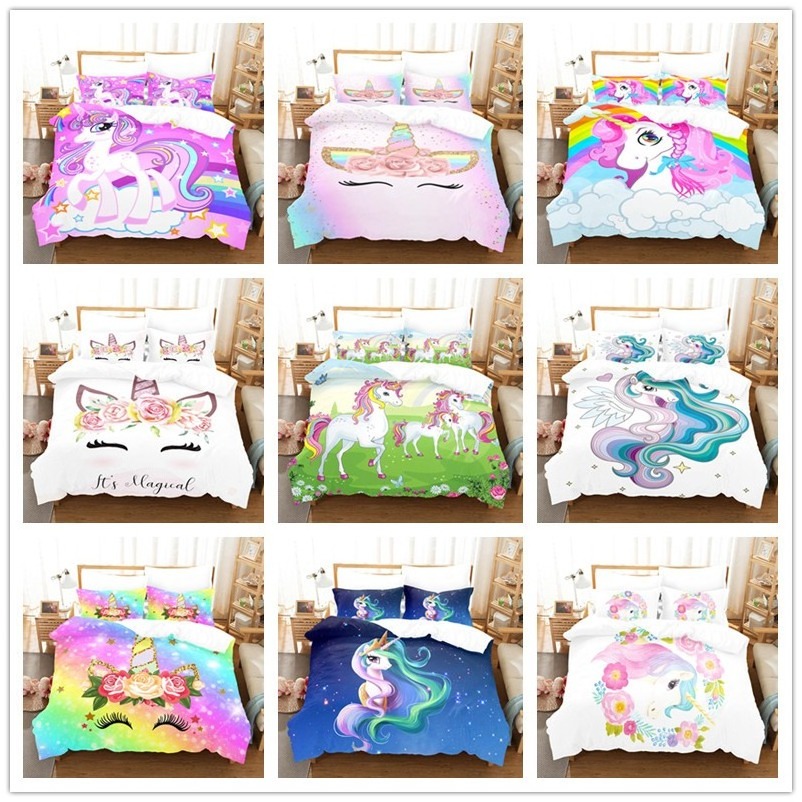 Hot Cartoon Unicorn Children Girls Pink 3D Bedding Set