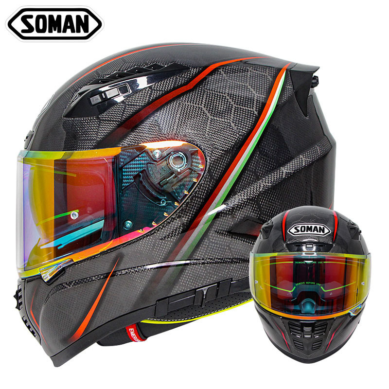 Carbon Fiber Motorcycle Helmets with Chrome  Double Lens Capacetes Casco SOMAN X7  Factory Directly