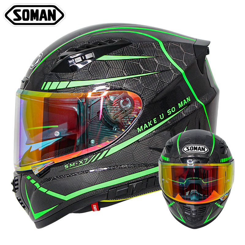 Carbon Fiber Motorcycle Helmets with Chrome  Double Lens Capacetes Casco SOMAN X7  Factory Directly