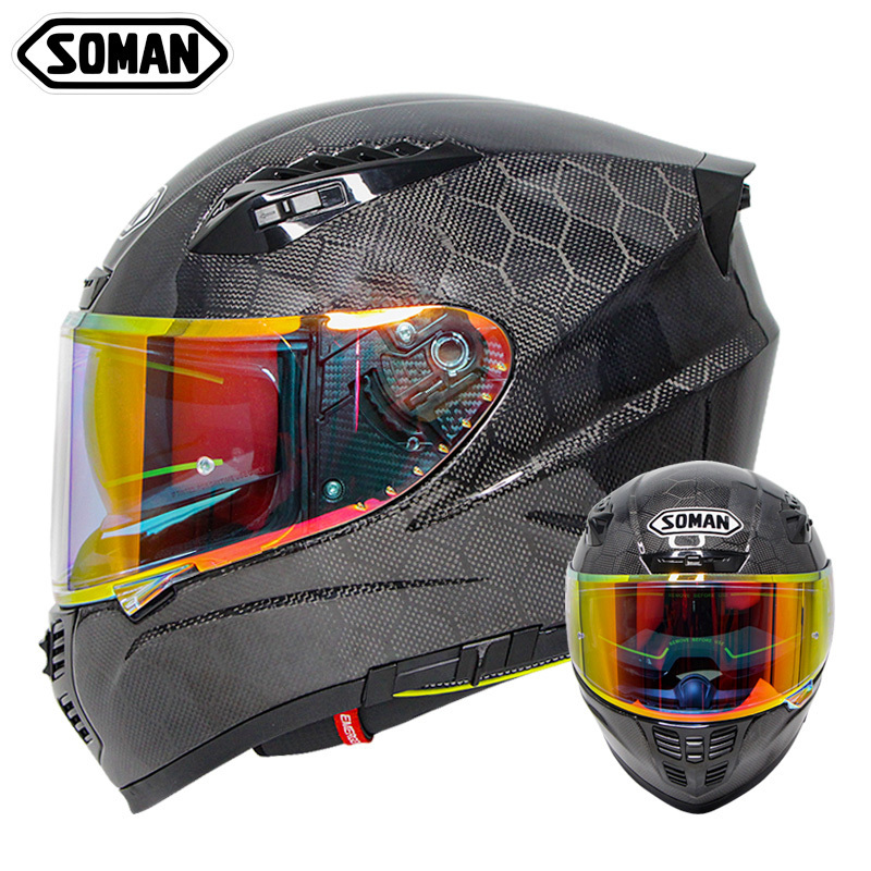 Carbon Fiber Motorcycle Helmets with Chrome  Double Lens Capacetes Casco SOMAN X7  Factory Directly