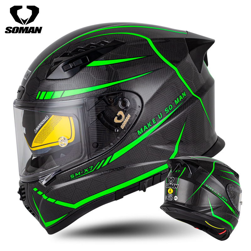 VIP SOMAN Snake Carbon Fiber high Safety Light Weight Motorcycle Helmets with Chrome Double Lens Capacetes Casco Casques SM-X7