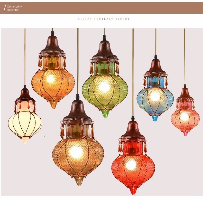 Bohemian Mediterranean Colorful Glass Ceiling Drop Light Pendant Lamp Lighting Fixture for Cafe Bar Restaurant Cafe Decor