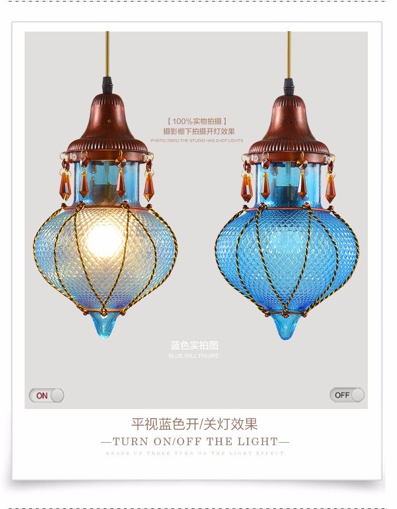 Bohemian Mediterranean Colorful Glass Ceiling Drop Light Pendant Lamp Lighting Fixture for Cafe Bar Restaurant Cafe Decor