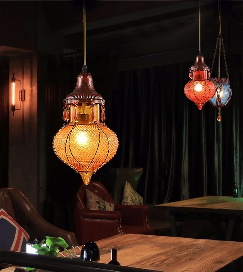 Bohemian Mediterranean Colorful Glass Ceiling Drop Light Pendant Lamp Lighting Fixture for Cafe Bar Restaurant Cafe Decor