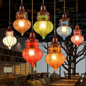 Bohemian Mediterranean Colorful Glass Ceiling Drop Light Pendant Lamp Lighting Fixture for Cafe Bar Restaurant Cafe Decor