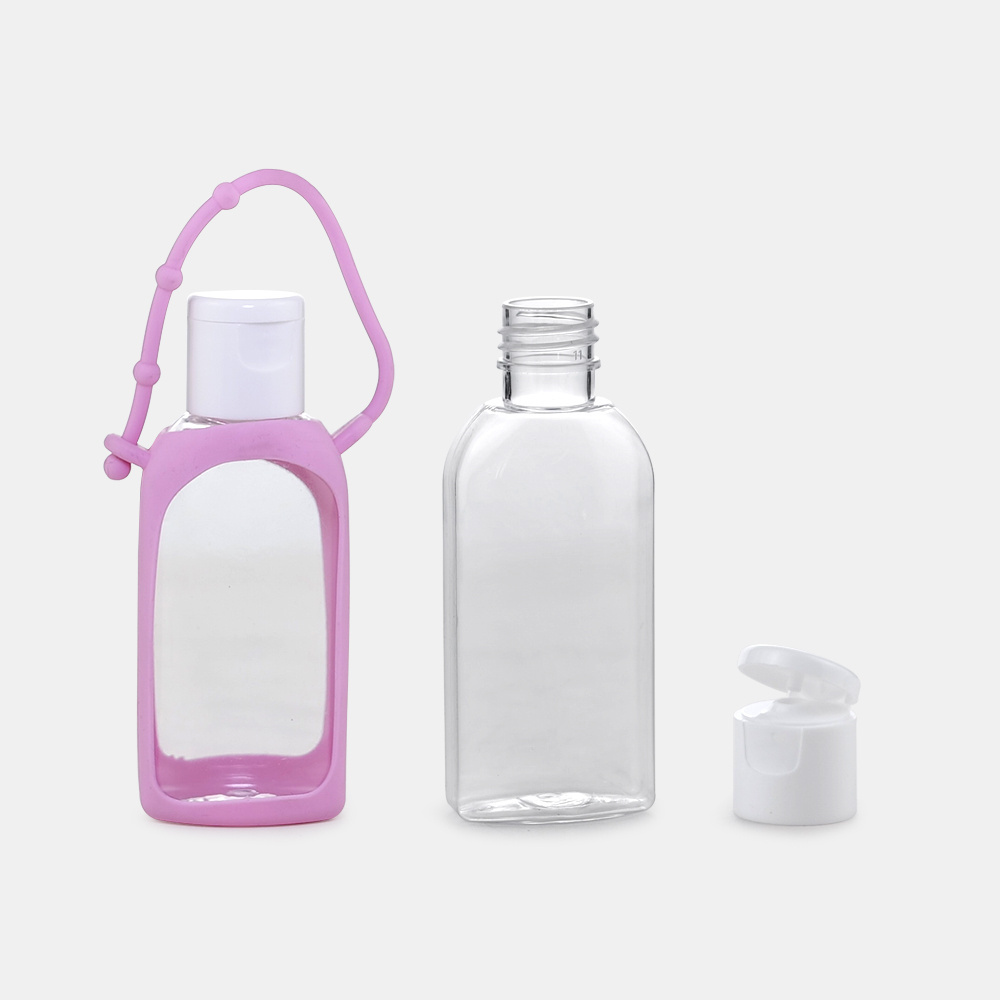 SOMEWANG 50ml 75ml oval shape clear empty hand sanitizer bottle with silicone holder hand sanitizer plastic bottles with sleeves