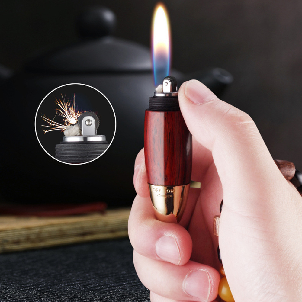 Dzi Design Sandalwood Kerosene Lighter Creative Mini Keychain Grinding Wheel Gasoline Flint Lighter With Flashlight Gift For Men