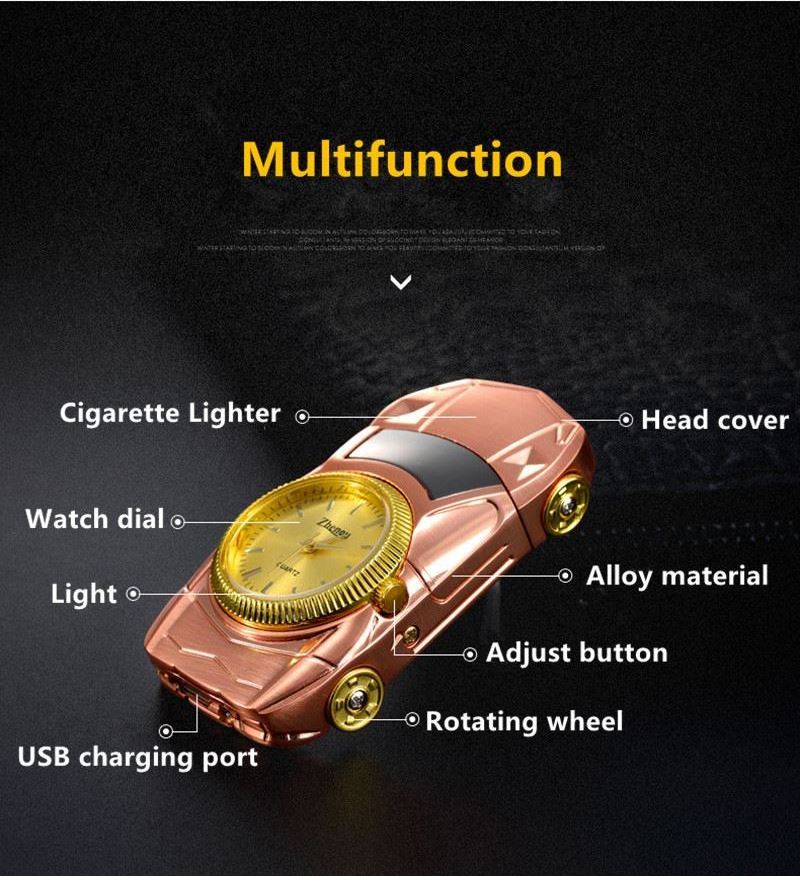 New Gold Car Shape Watch USB Cigarette Lighter Wristwatches Windproof Flameless Watch Charging Clock Men's Quartz Watch Saat D50