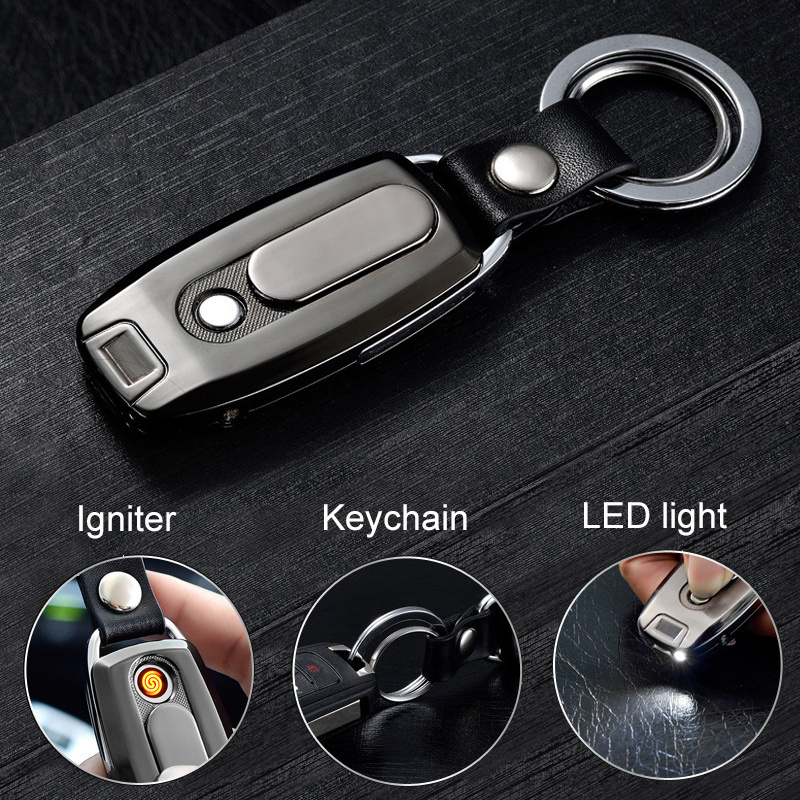 Creative Portable Mini Thin Usb Charge Llavero Encendedor Electrico Flameless Rechargeable Cigarette Lighter Keychain Led Light