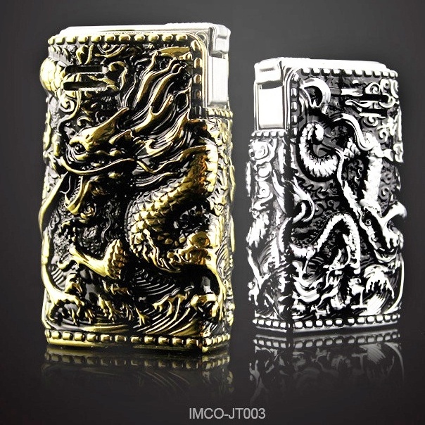 IMCO Metal Gasoline Lighter Zinc Alloy / Stainless Steel Flying Dragon Smoking Cigarette Lighter Wooden Box