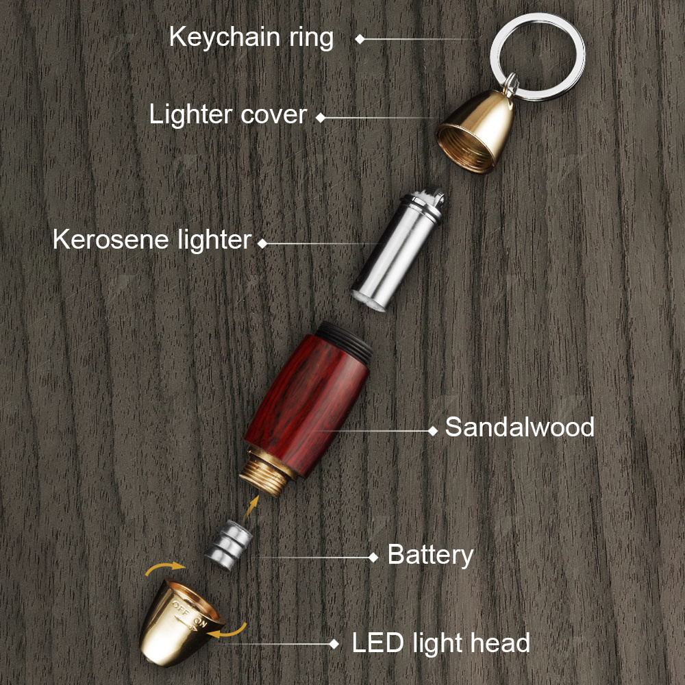 Dzi Design Sandalwood Kerosene Lighter Creative Mini Keychain Grinding Wheel Gasoline Flint Lighter With Flashlight Gift For Men