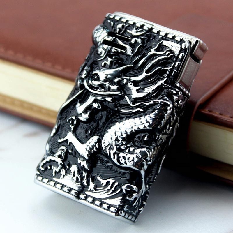 IMCO Metal Gasoline Lighter Zinc Alloy / Stainless Steel Flying Dragon Smoking Cigarette Lighter Wooden Box