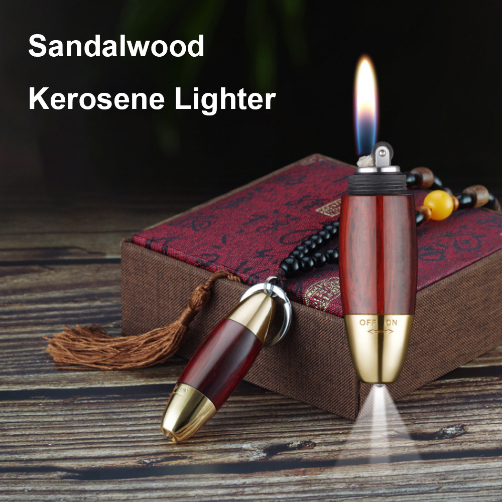 Dzi Design Sandalwood Kerosene Lighter Creative Mini Keychain Grinding Wheel Gasoline Flint Lighter With Flashlight Gift For Men