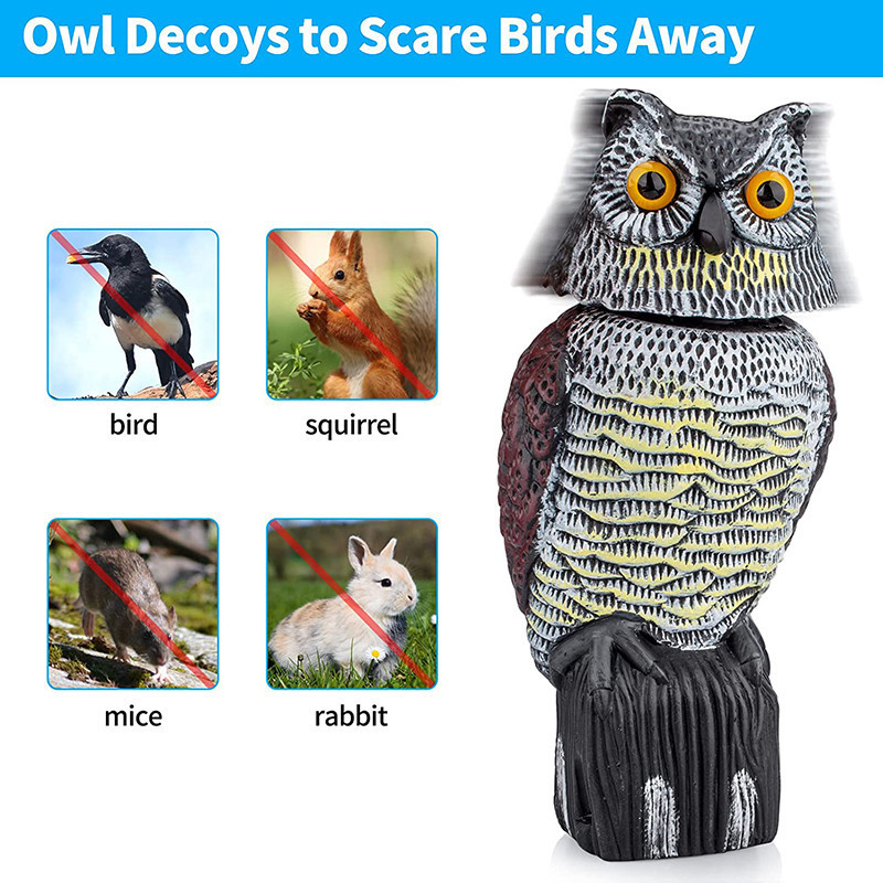 Realistic Bird Scarer Plastic Owl Scarecrow with Rotating Head and Sound for Garden Yard Bird Repellent Outdoor Pest Control