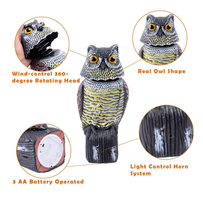 Realistic Bird Scarer Plastic Owl Scarecrow with Rotating Head and Sound for Garden Yard Bird Repellent Outdoor Pest Control