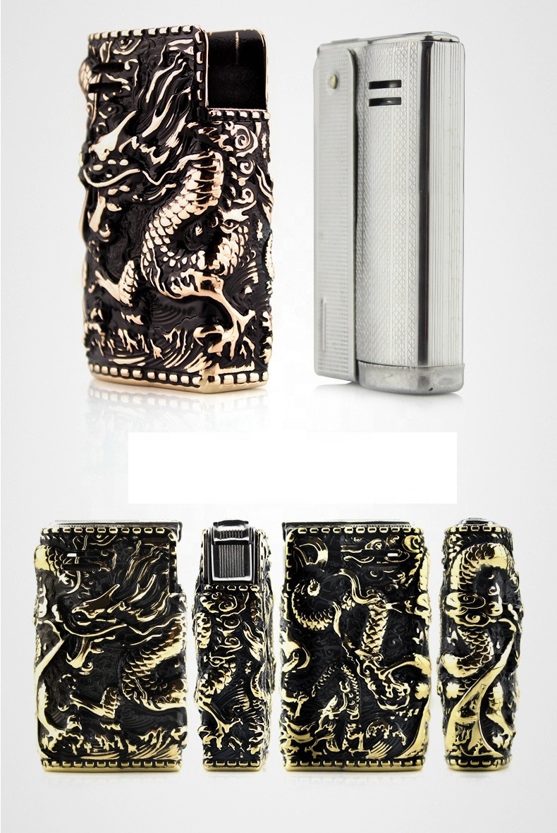 IMCO Metal Gasoline Lighter Zinc Alloy / Stainless Steel Flying Dragon Smoking Cigarette Lighter Wooden Box