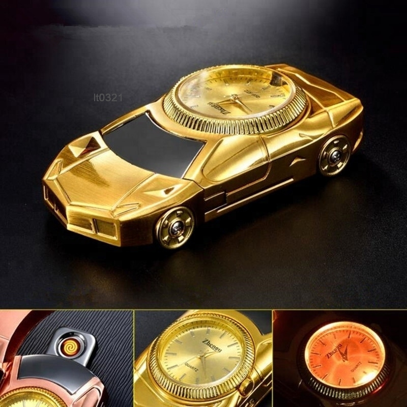 New Gold Car Shape Watch USB Cigarette Lighter Wristwatches Windproof Flameless Watch Charging Clock Men's Quartz Watch Saat D50