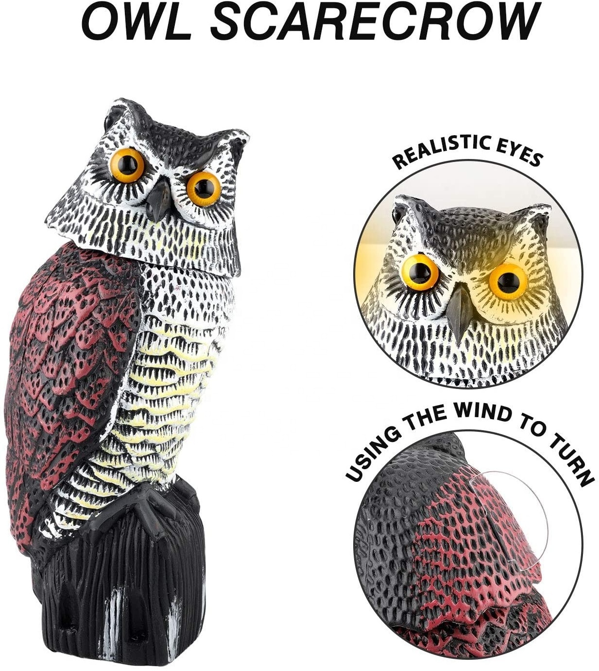 Realistic Bird Scarer Plastic Owl Scarecrow with Rotating Head and Sound for Garden Yard Bird Repellent Outdoor Pest Control