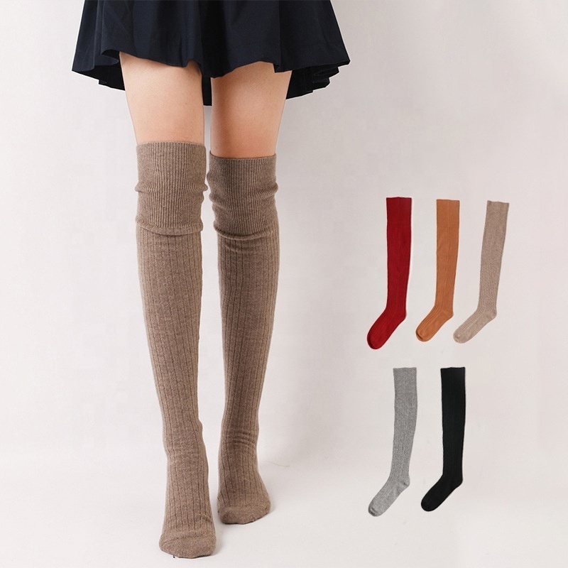 custom design logo black casual fashion knee high cashmere socks japanese korean ladies long slouch tube winter bedroom stocking