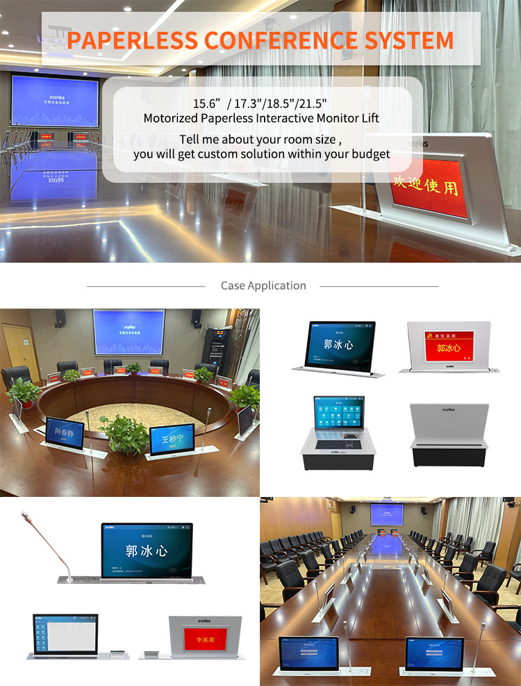 16.5 inch all in one pop up lcd screen table monitor meeting room lift paperless conference system