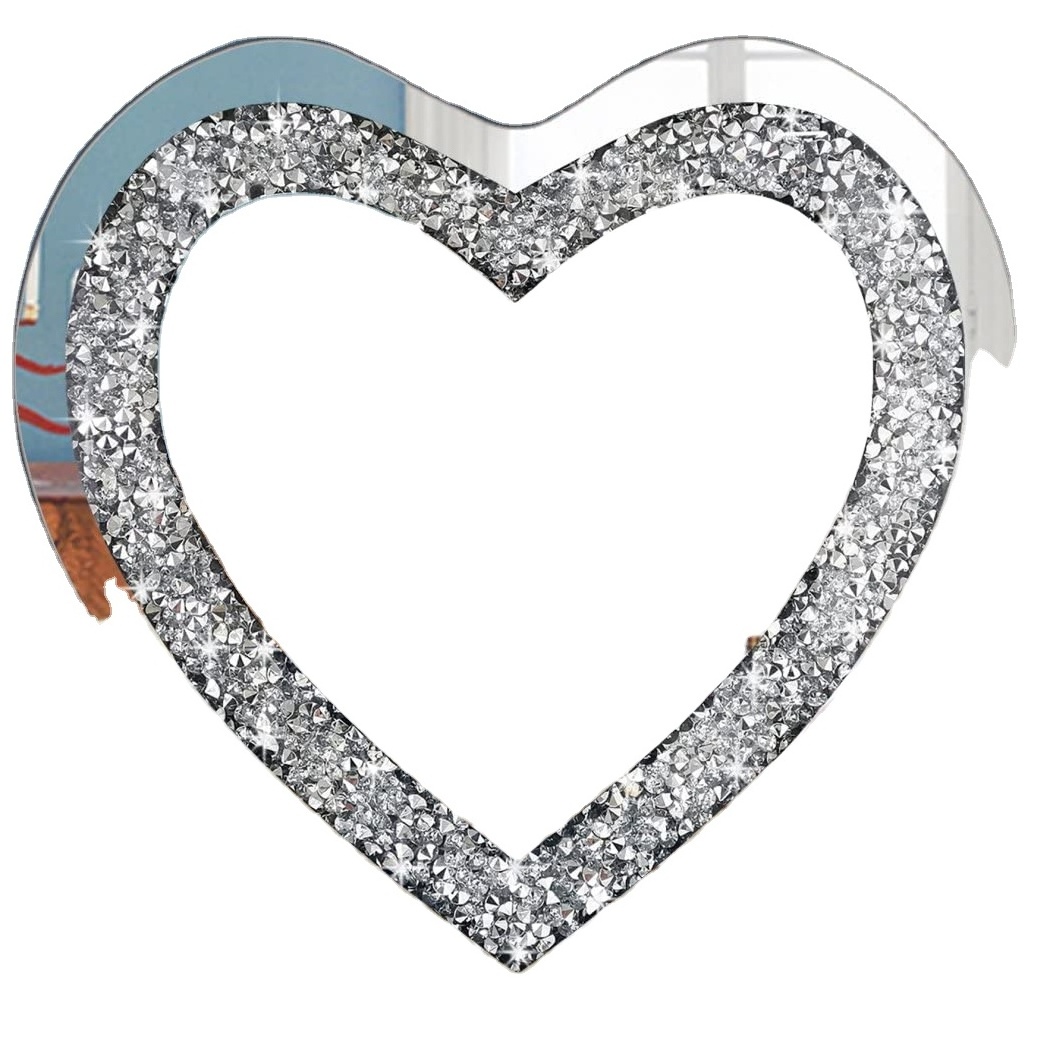 Wall Hang Frameless Mirror Crystal Crush Diamond Heart Shaped Silver Mirror Wall Decoration