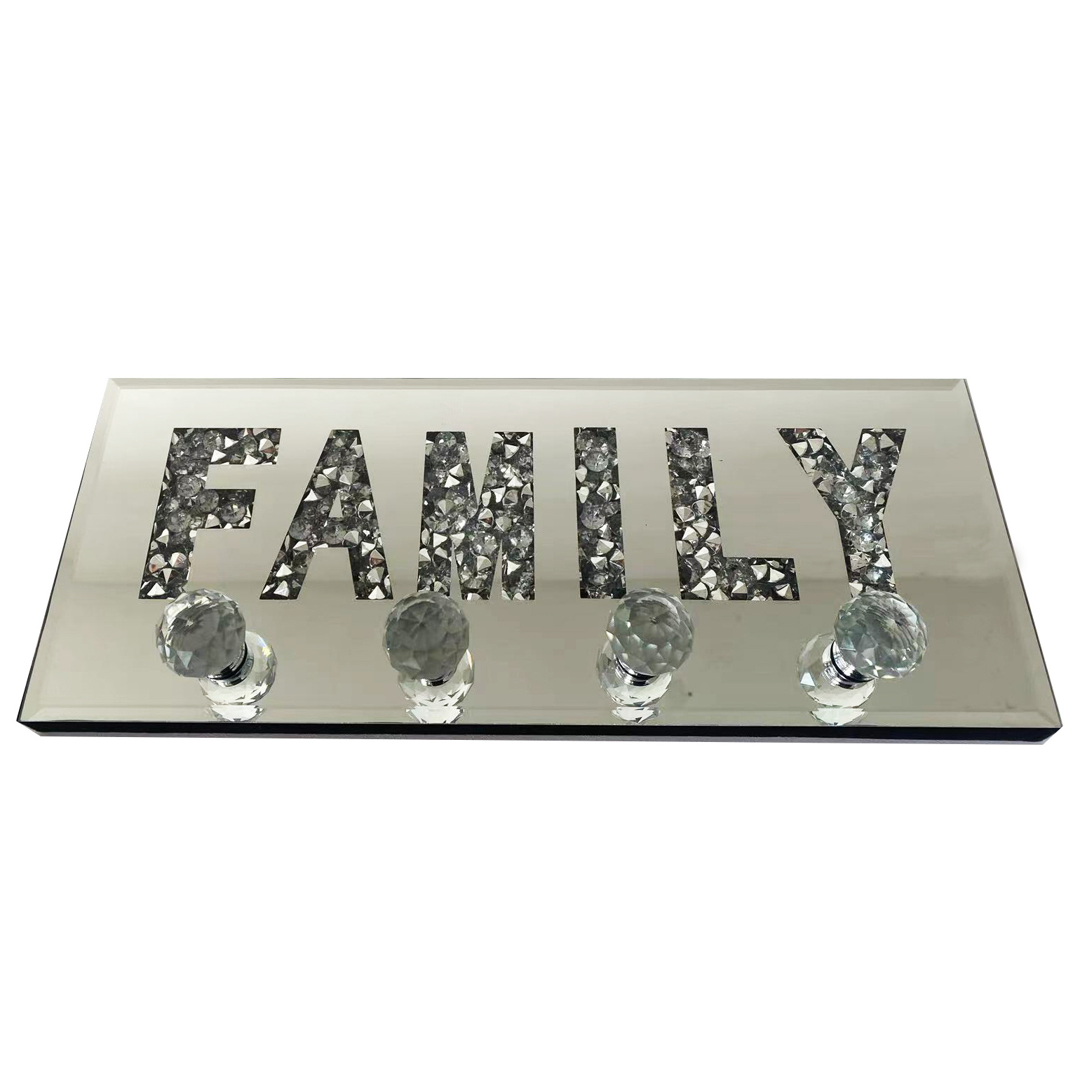 Crush Diamond Mirrored Family Letter Plaque Sign Crystal Clear Hooks Key Holder Key Hanger, Silver Mirror Decoration Wall Art