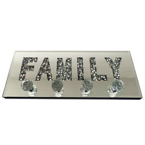 Crush Diamond Mirrored Family Letter Plaque Sign Crystal Clear Hooks Key Holder Key Hanger, Silver Mirror Decoration Wall Art