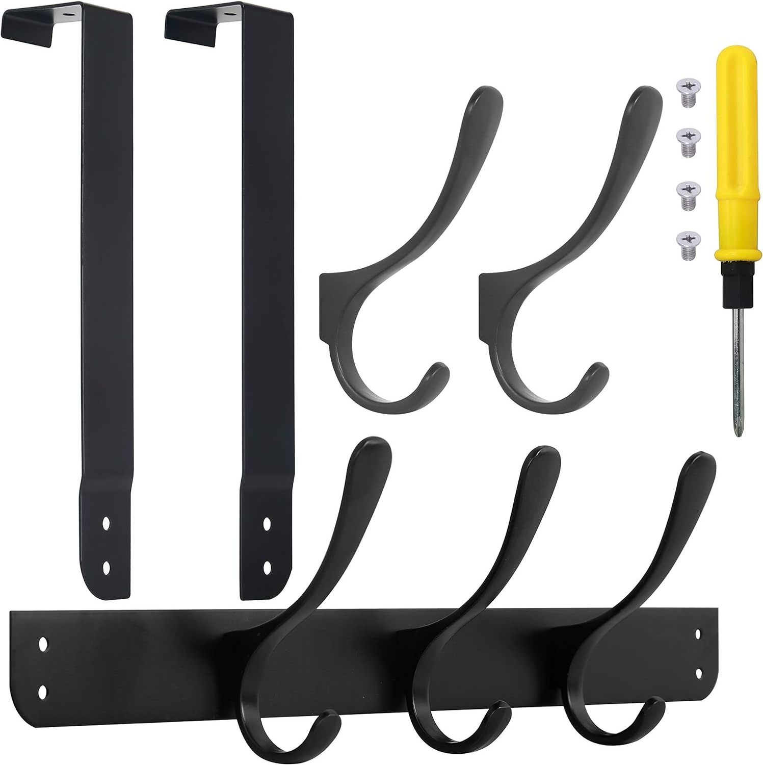 Over Door Hanger with 5 Hooks for Clothes Towels Coats Bags, Black Over The Door Rack for Living Room, Bathroom, Bedroom