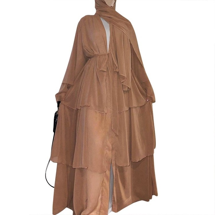 Dubai Turkey Arab Oman Elegant Chiffon Kimono for Women Muslim Solid Color 3 Layers Open Islamic Clothing Muslim Dresses Abaya