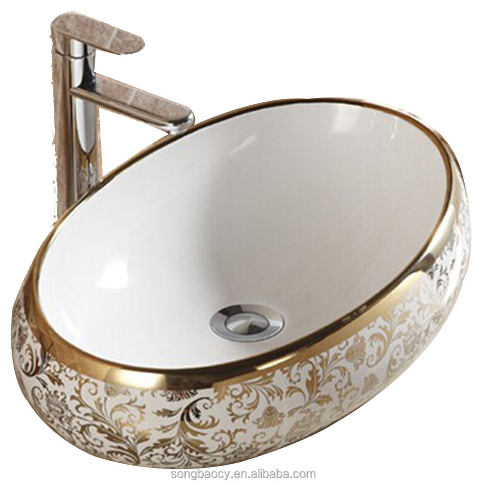 E2014-03 Golden and silver color electroplating porcelain hand wash basin for cabinet