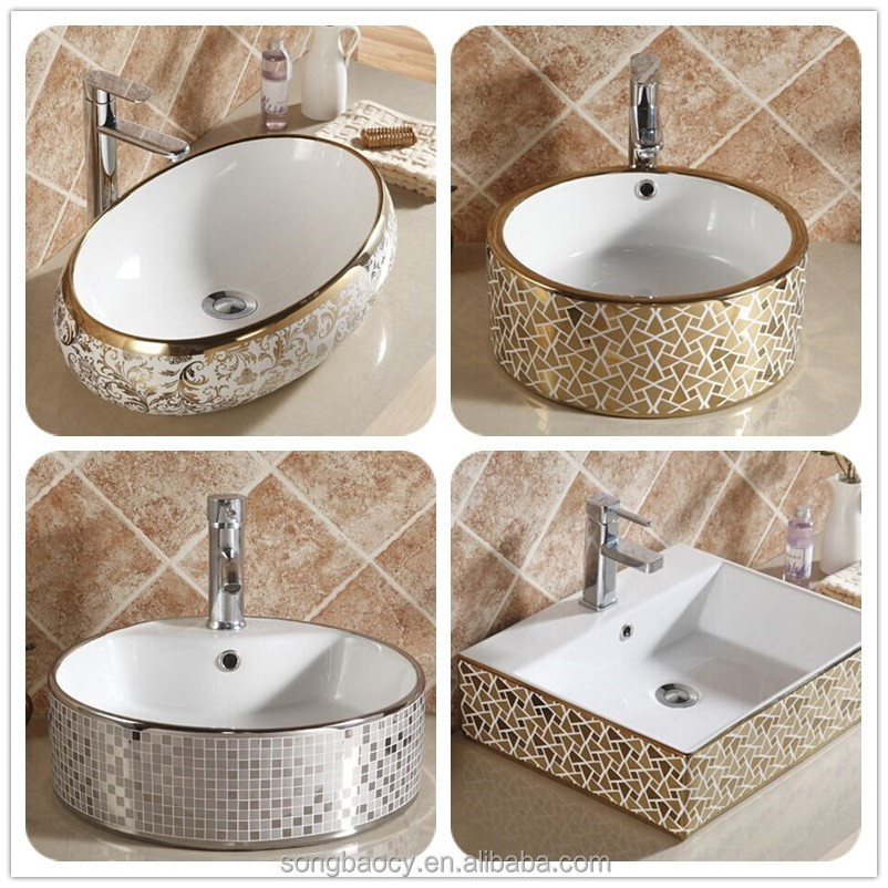 E2014-03 Golden and silver color electroplating porcelain hand wash basin for cabinet