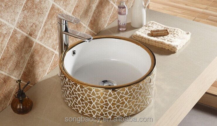 E2014-03 Golden and silver color electroplating porcelain hand wash basin for cabinet