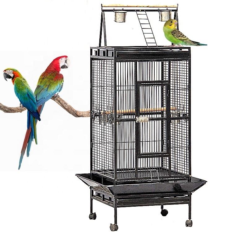 Wholesale low price luxury big space black stainless steel metal iron parrot canary budgie pet bird cage with wheels