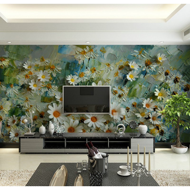 Living Room Mural Daisy Tv Background Wallpaper French Retro Wallpaper Art Oil Painting Flowers Pastoral Style Wall Covering