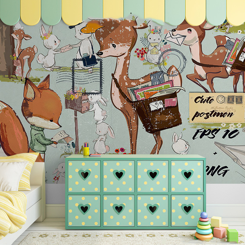 Girl Deer Cartoon Wall Cloth Children's Room Background Wall Boy Little Fox Wallpaper Bedroom Cute Mural