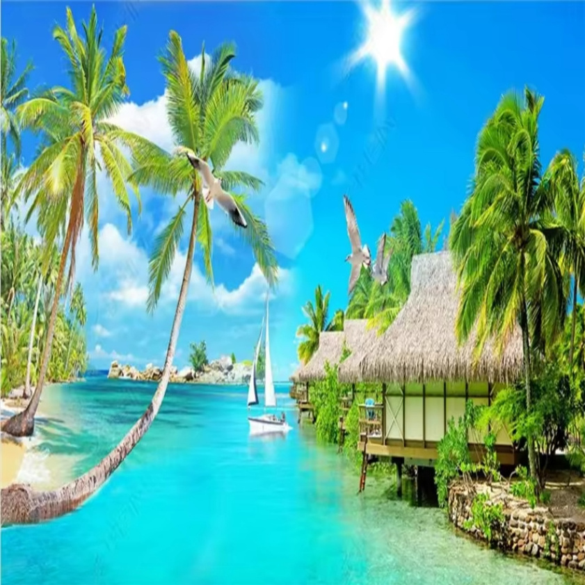 Modern Simple 3D Peel And Stick Wallpaper Coconut Tree Sea Landscape Murals Living Room TV Sofa Dining Room Wall Murals