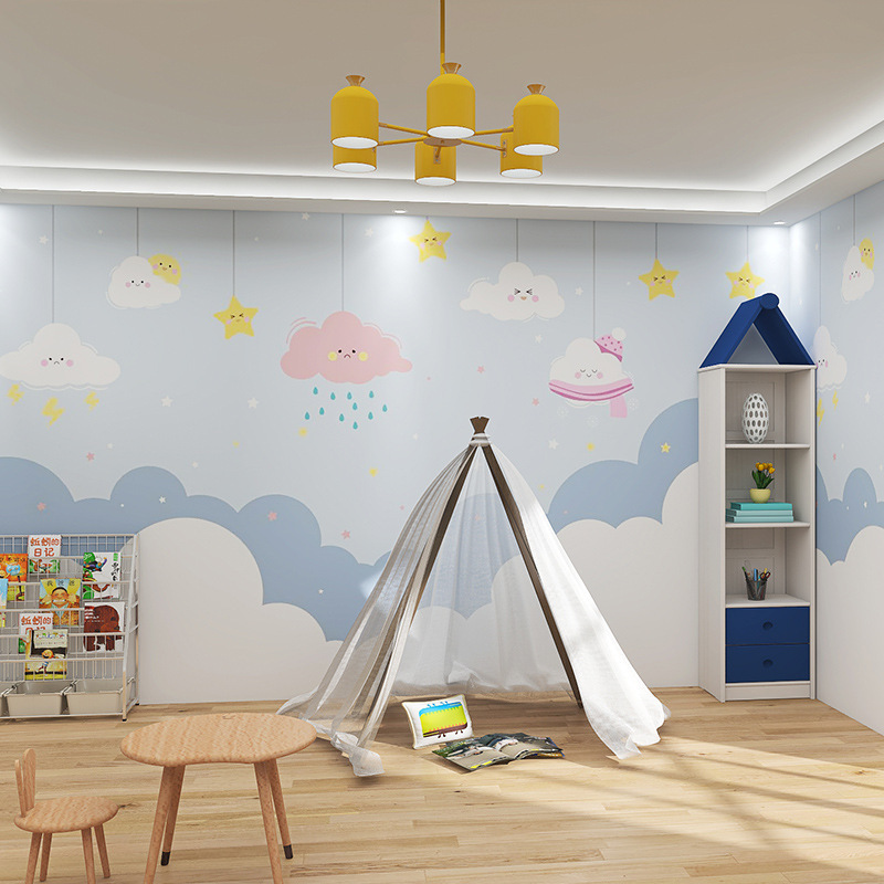 Cartoon Children's Room Pink Wallpaper Stickers Moon Stars Clouds Kindergarten Mother Baby Room Boys And Girls Bedroom Wallpaper