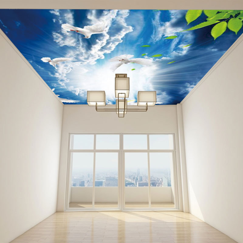 Simple Blue Sky White Clouds Wallpaper Cherry Blossoms Dove Bedroom Ceiling Wallpaper Wall Painting Ceiling Wallpaper Covering