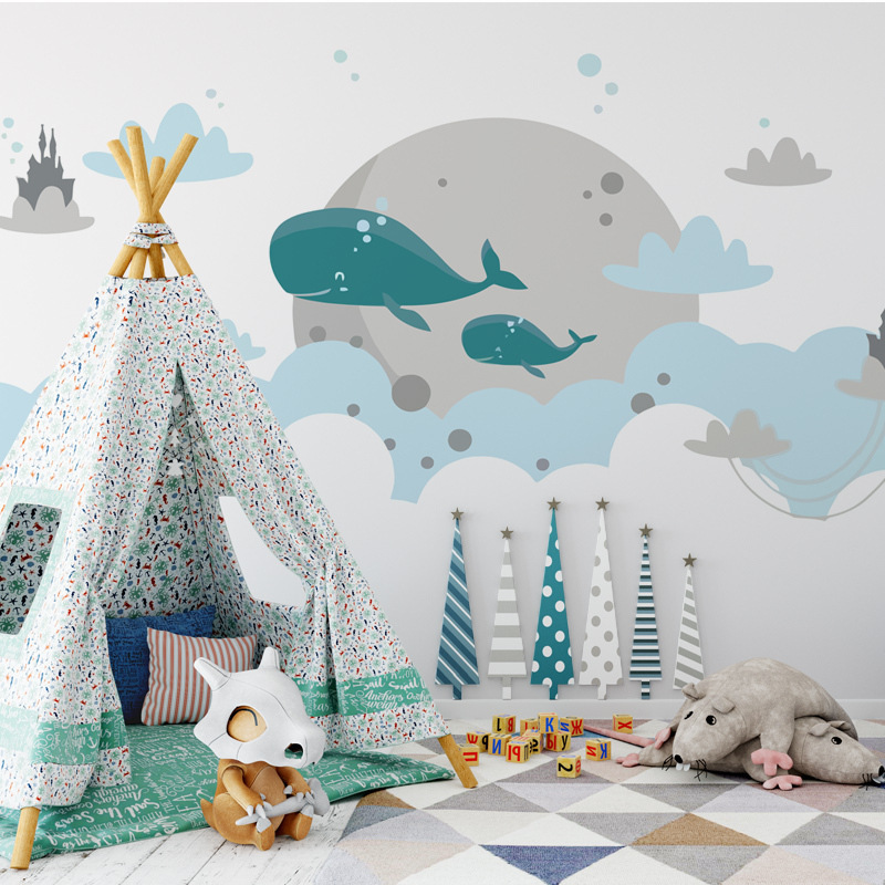 Warm Cartoon Whale Children's Room Wall Cloth Early Education Center Seamless Wall Cloth Boy Background Wallpaper