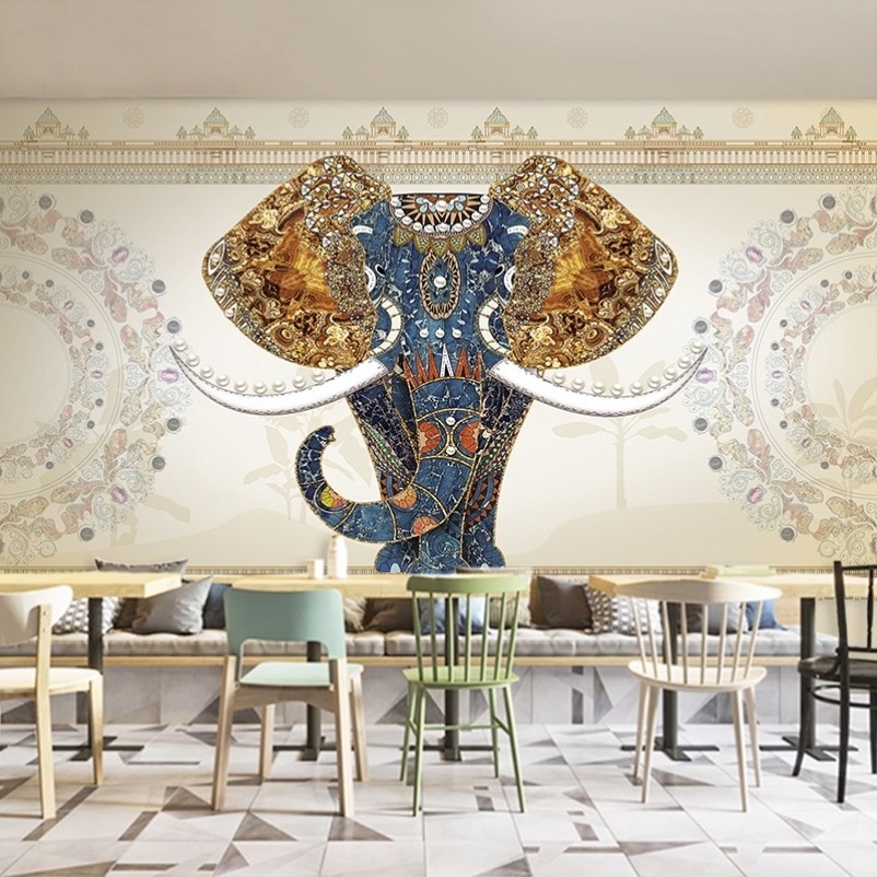 Thai Style Elephant Mural Southeast Asia Indian Zen Retro Spa Shop Wallpaper Thai Restaurant Decoration Wallpaper