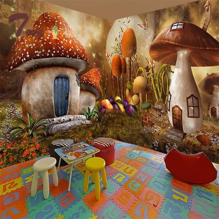 Forest Fairy Tale Mushroom House Cartoon Theme Wallpaper Children's Bedroom Simulation 3D Background Wallpaper