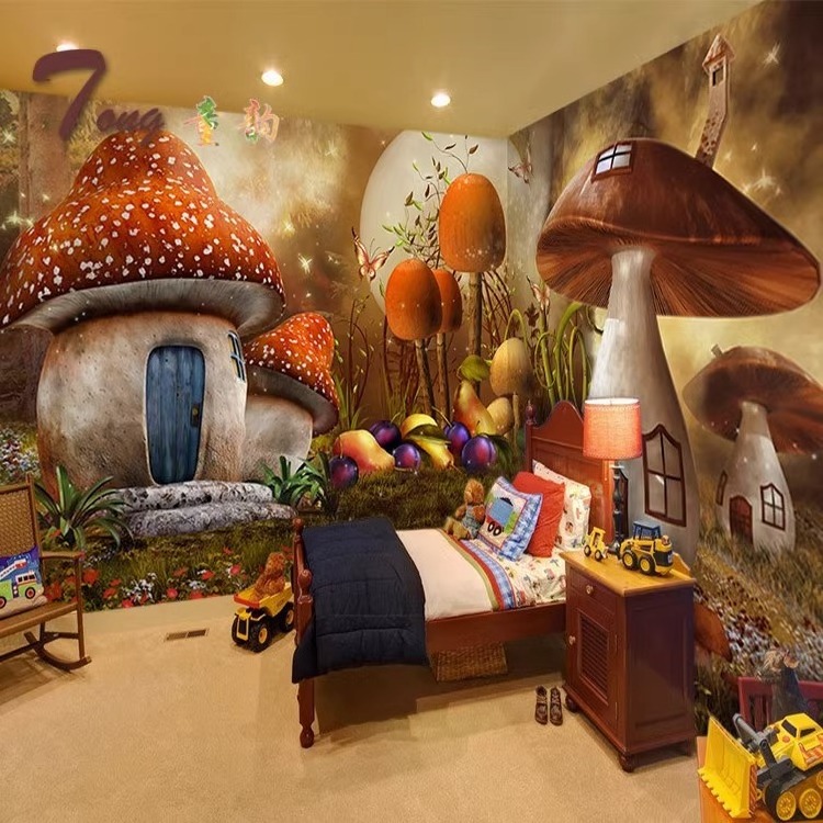 Forest Fairy Tale Mushroom House Cartoon Theme Wallpaper Children's Bedroom Simulation 3D Background Wallpaper