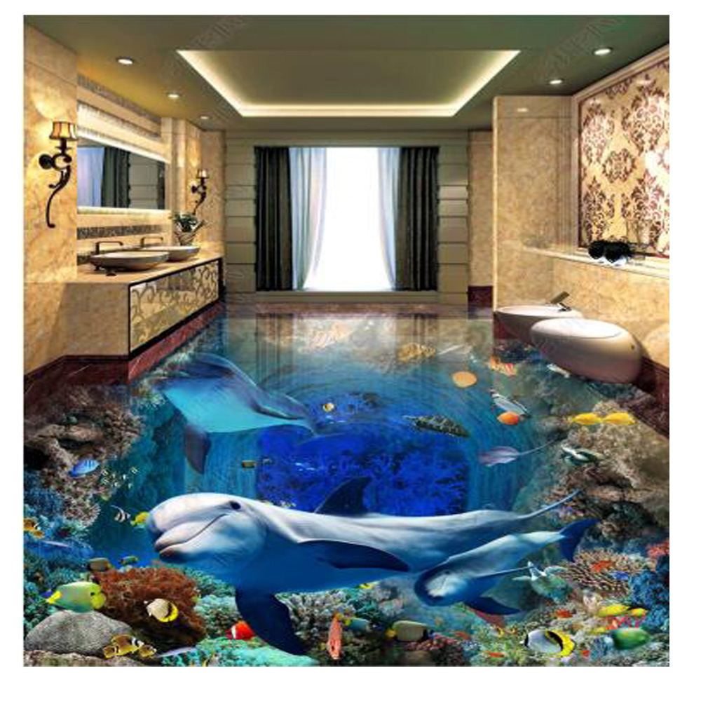 3D Dolphin Ocean World Pvc Self-Adhesive Bathroom Floor Sticker Epoxy Floor Sticker