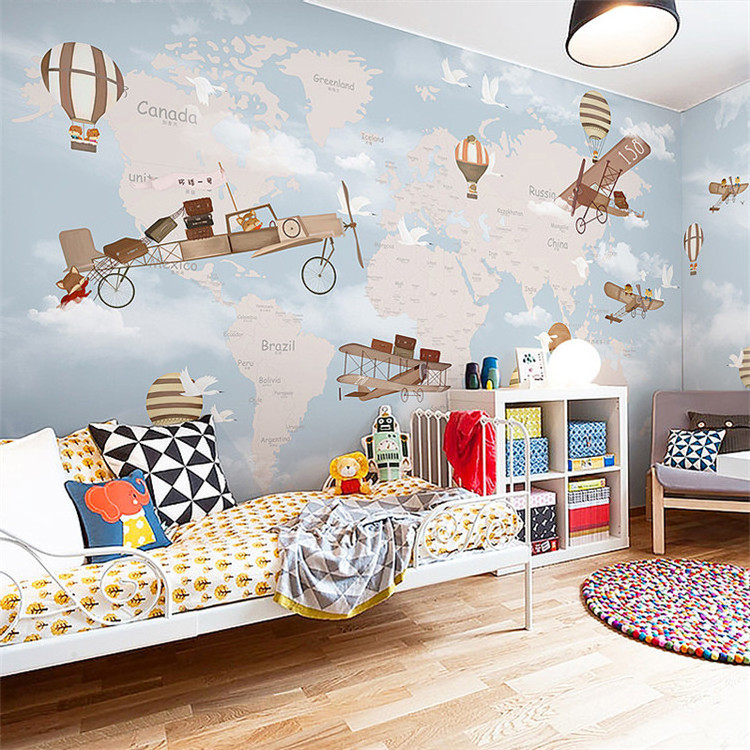 Children's Room Cartoon World Map Wallpaper Hot Air Balloon Airplane Background Wall Cloth Boys Girls Bedroom 3d Wallpaper