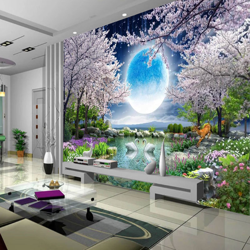 3D Mural Tv Background Living Room Sofa Wall Cloth Seamless Pastoral Cherry Blossom 8D Night Scene Bedroom Scenery Wallpaper