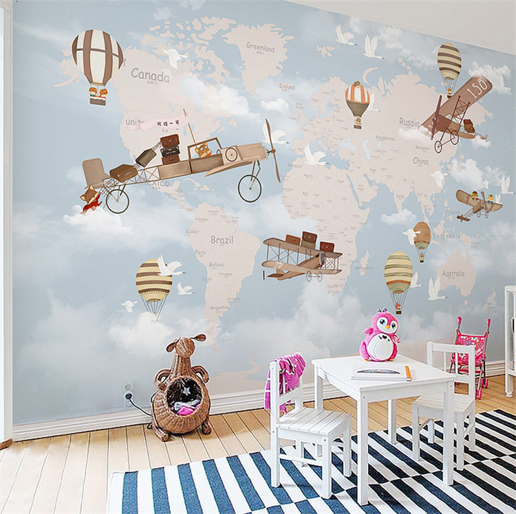 Children's Room Cartoon World Map Wallpaper Hot Air Balloon Airplane Background Wall Cloth Boys Girls Bedroom 3d Wallpaper