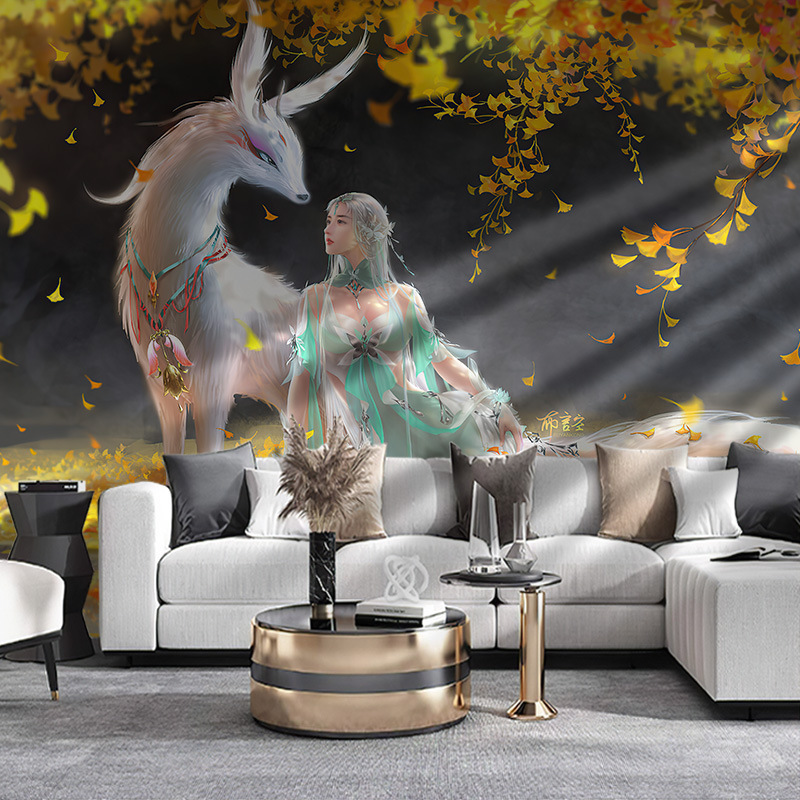 Hand-Painted Graffiti White Fox Gold Leaf Wallpaper Living Room Tv Background Wall Seamless Mural Wall Covering 5d